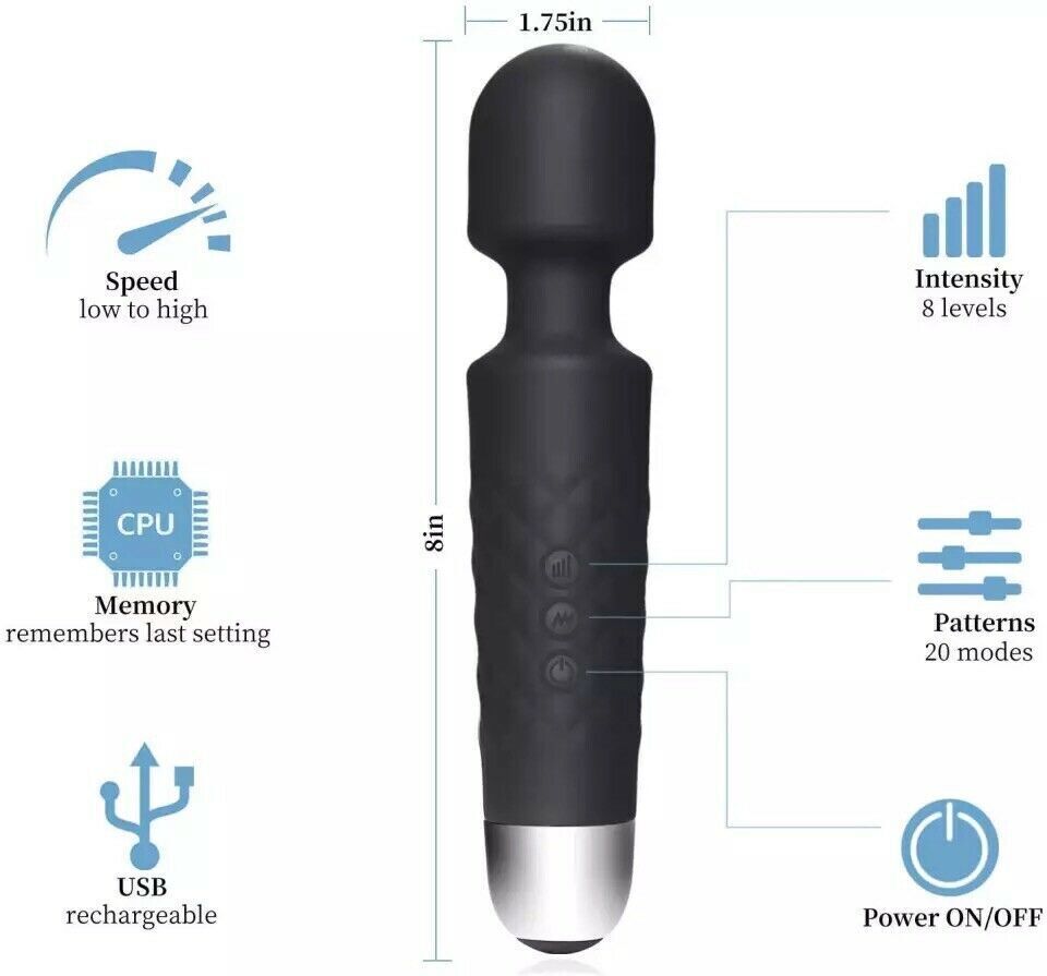 20-Speed Cordless Body Massager Premium Wand Handheld Massagers Vibrating Black