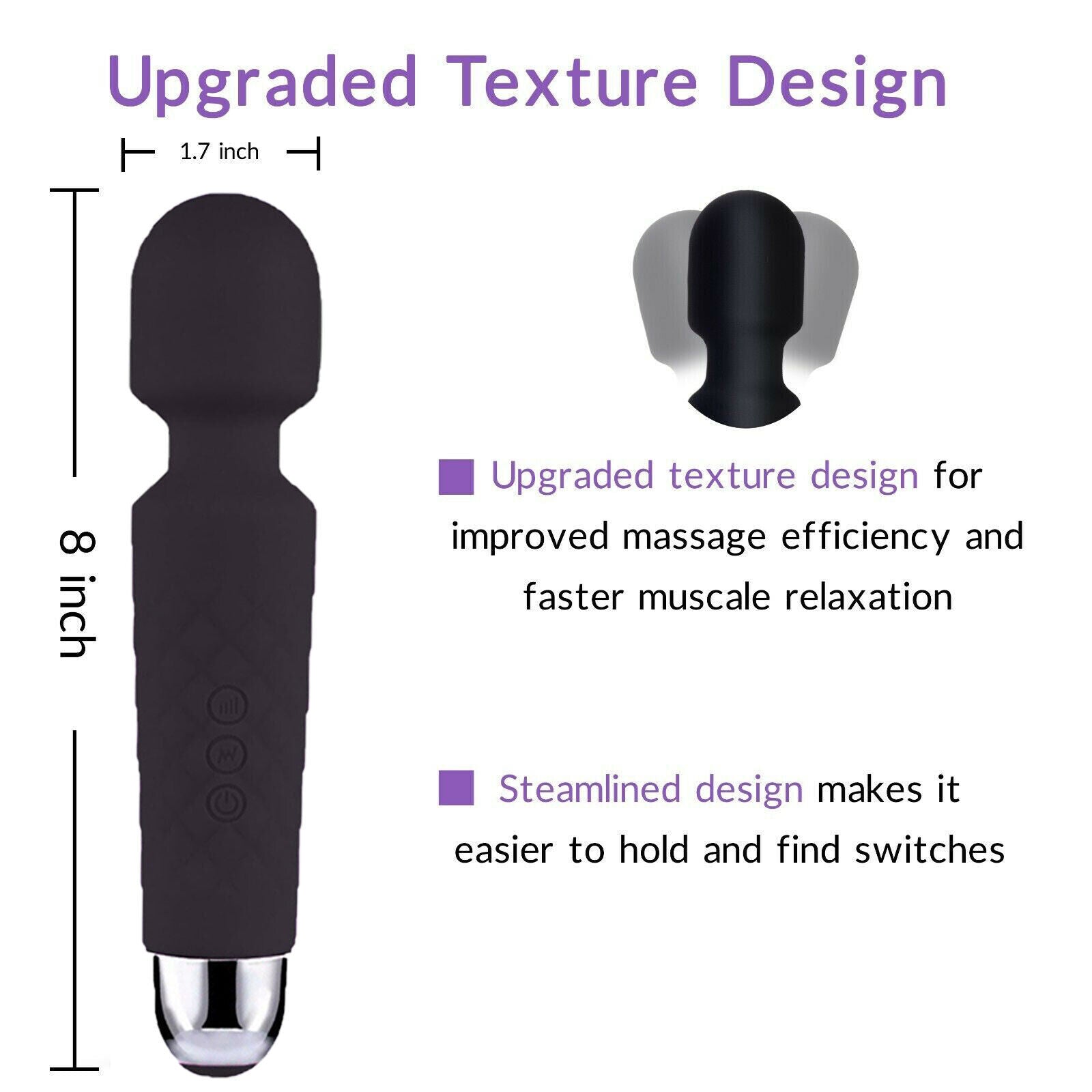20-Speed Cordless Body Massager Premium Wand Handheld Massagers Vibrating Black