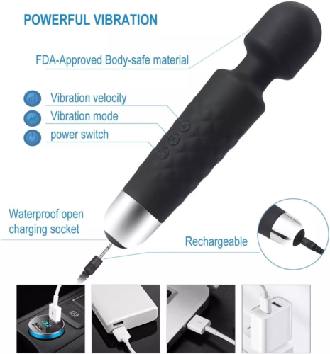 20-Speed Cordless Body Massager Premium Wand Handheld Massagers Vibrating Black