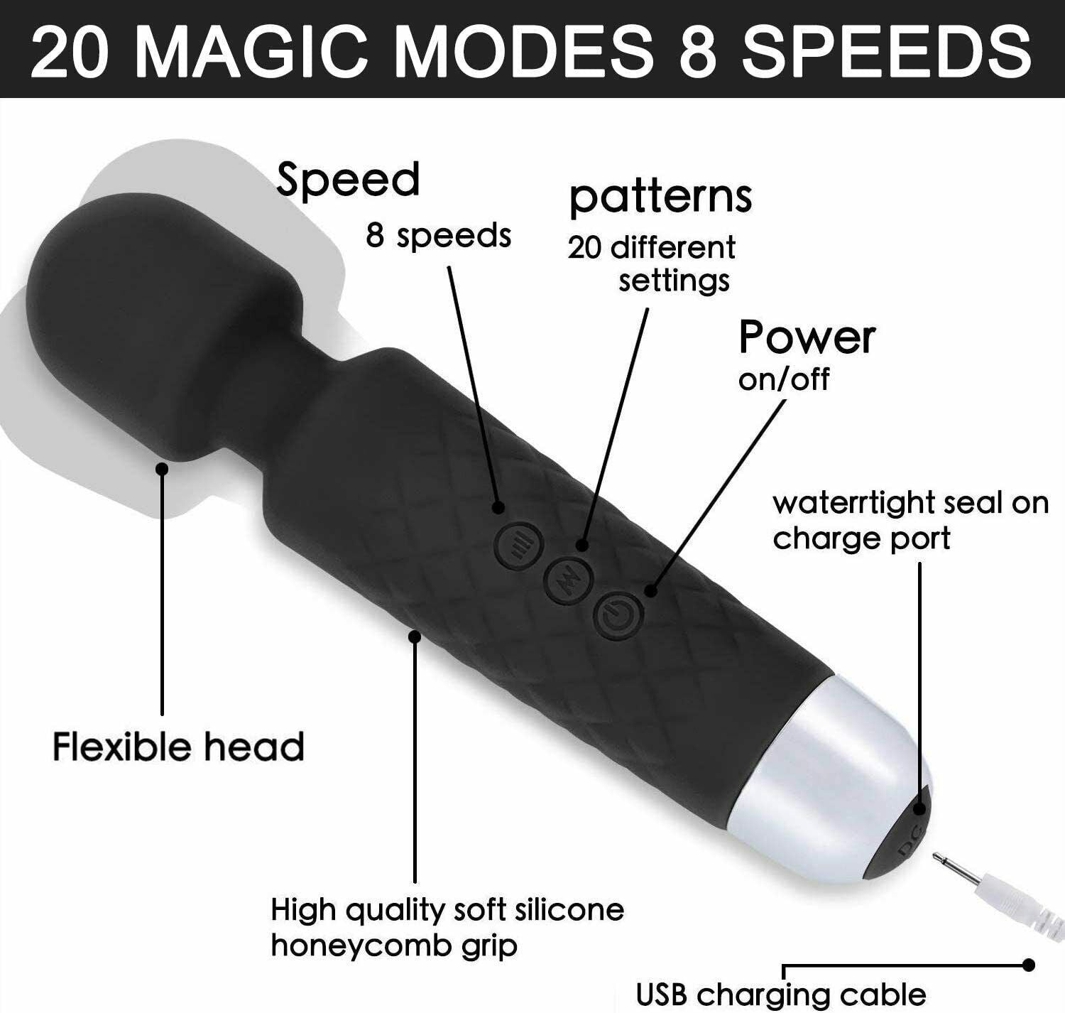 20-Speed Cordless Body Massager Premium Wand Handheld Massagers Vibrating Black