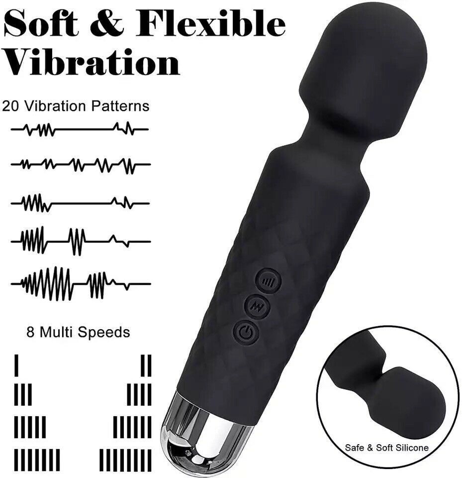 20-Speed Cordless Body Massager Premium Wand Handheld Massagers Vibrating Black