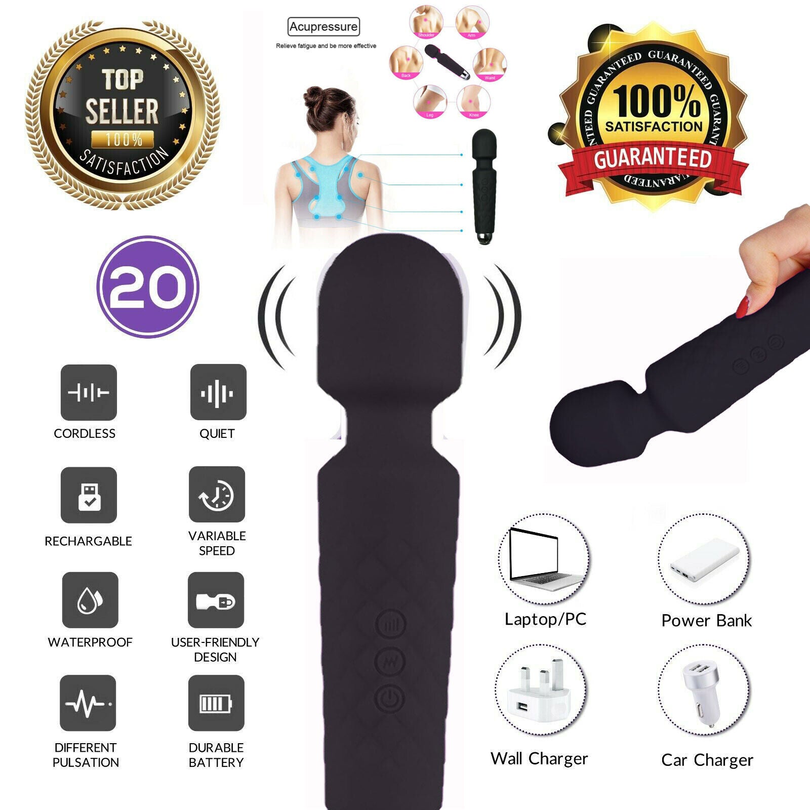 20-Speed Cordless Body Massager Premium Wand Handheld Massagers Vibrating Black