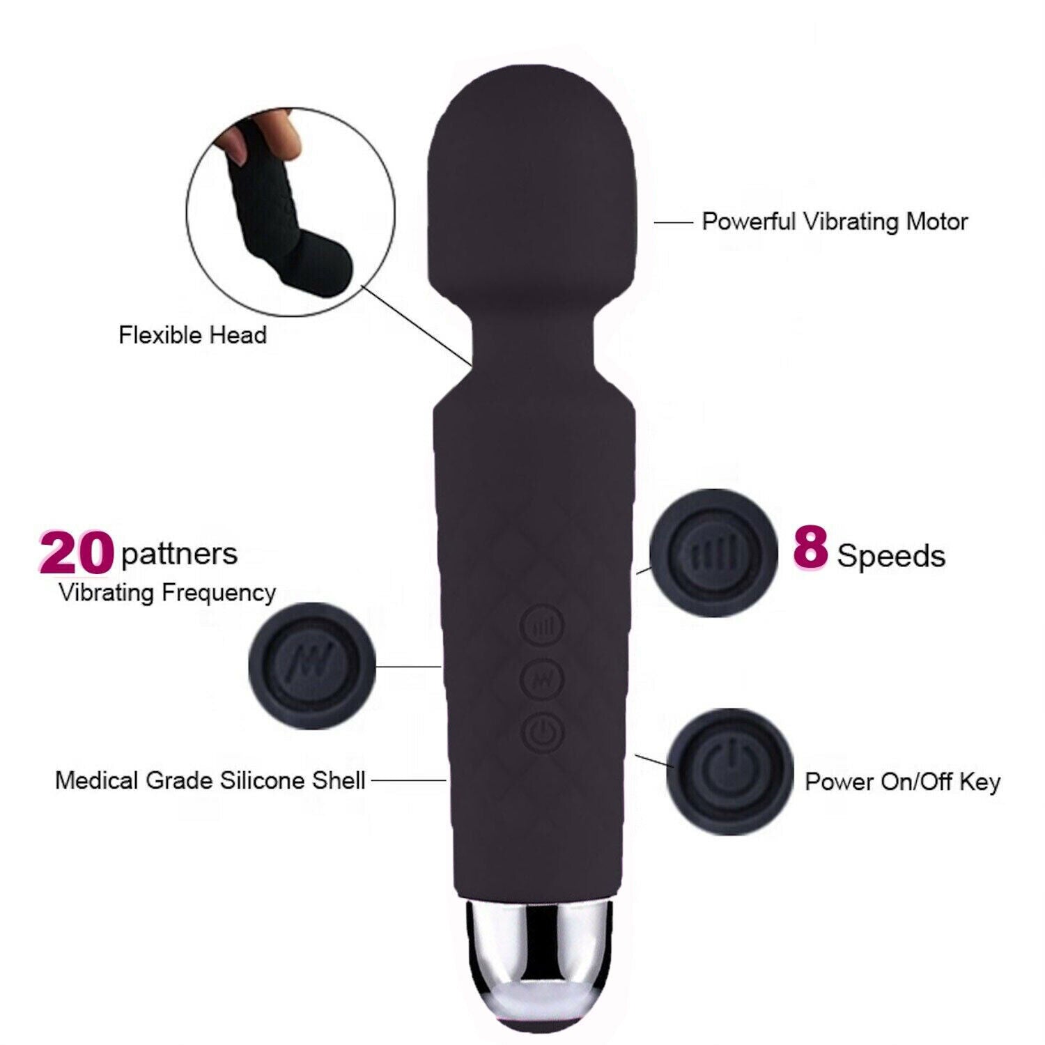 20-Speed Cordless Body Massager Premium Wand Handheld Massagers Vibrating Black