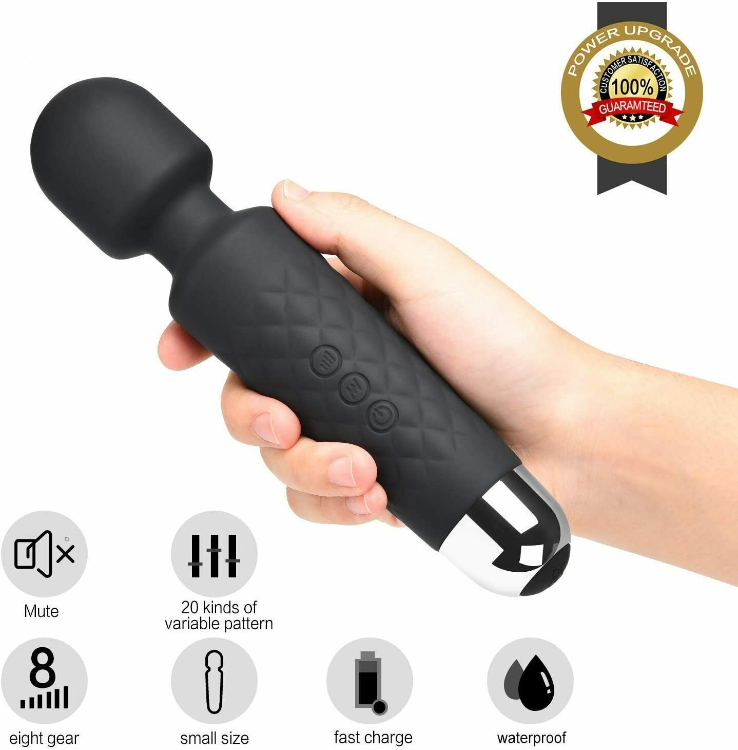 20-Speed Cordless Body Massager Premium Wand Handheld Massagers Vibrating Black